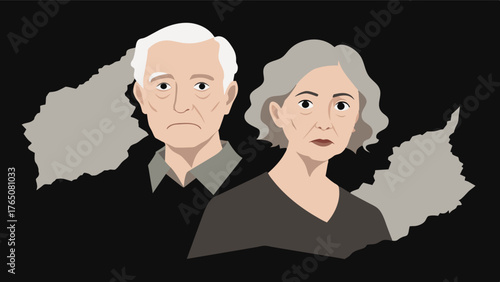 A charcoal drawing of an elderly couple with tattered edges and missing portions representing how creating art can preserve fading memories and bring them back to life.. Vector illustration