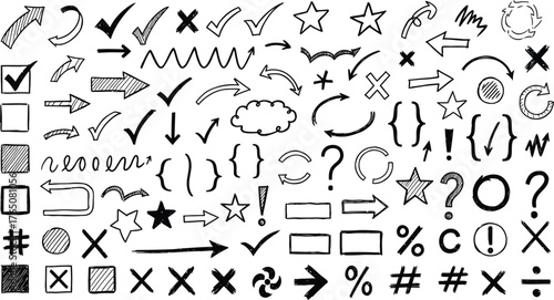 Collection of hand drawn doodle elements including arrows checkmarks stars question marks and symbols isolated on transparent background silhouette