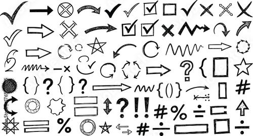 Collection of hand drawn sketch arrows checkmarks question marks symbols and shapes isolated on transparent background silhouette