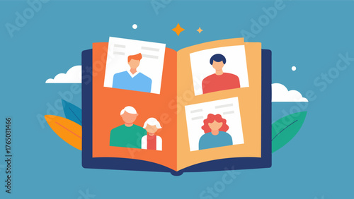 A memory book filled with photos and stories of a persons achievements serving as a source of inspiration and motivation during tough times.. Vector illustration