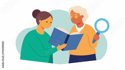 A caregiver holds a largeprint book open for an elderly person while they use a magnifying glass to follow along with the words. The caregiver patiently encourages and supports the. Vector