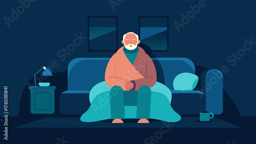 A elderly man sitting in a room filled with soft cushioned furniture and dim lighting using a weighted blanket to provide calming sensory input and reduce agitation.. Vector illustration