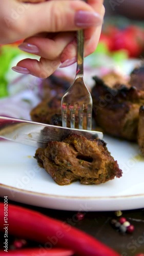 steak shishkabob skewers cooking on flaming grill. High quality photo