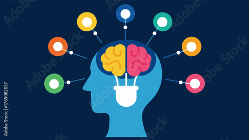 A persons brain with different colored light bulbs lighting up different areas symbolizing the diverse benefits of interactive light therapy on brain health.. Vector illustration