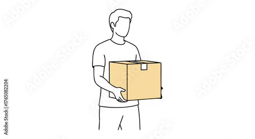 Man holding moving box with cardboard packaging, carrying package in arms. Person transports contents with ease while preparing for relocation. Concept of moving and delivery services.
