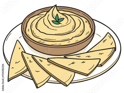 Hummus with pita bread served on white plate, creamy dip garnished with green herb in bowl. Hummus and pita create delicious combination for gatherings and appetizers. Concept of healthy snacking.