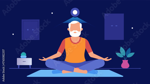 A senior citizen practicing yoga in a quiet dimly lit room focusing on different poses and connecting mind and body through breath. The practice promotes relaxation and stress. Vector illustration
