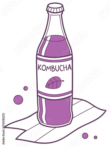 Kombucha bottle with purple drink on white background. Kombucha is a popular fermented tea beverage known for its health benefits, featuring bubbling effervescence and unique flavors.