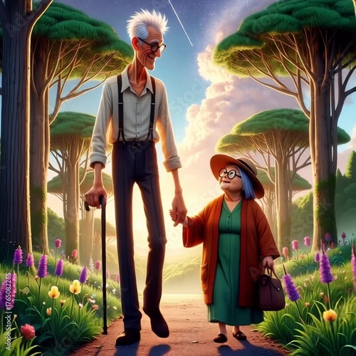 An elderly man and woman walk hand in hand along a beautiful path. They enjoy the vibrant flowers and tall trees around them, creating a serene atmosphere