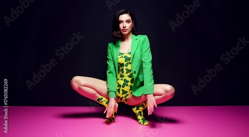 A model poses confidently in a bright green blazer and a playful yellow patterned outfit, set against a bold pink backdrop. Her unique style catches the eye with fun details