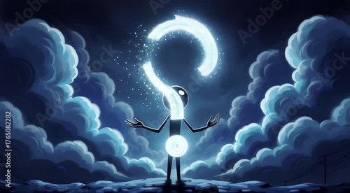 A mysterious figure stands with arms outstretched in a dark, starry landscape. Glowing question marks float around, creating an intriguing atmosphere about curiosity and wonder