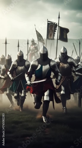 Knights in armor rush across a grassy field, banners fluttering in the wind. The warriors display determination as they prepare for an intense battle. It's a dramatic moment filled with action