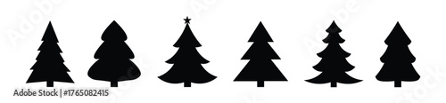 Christmas tree icons, silhouettes in black color. Vintage vector icons isolated on white background. Silhouettes of Christmas trees with a stars at the top. Big set for decoration.