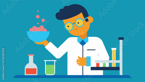 A lab technician carefully measures and mixes different chemicals to create a solution for testing on brain cells potentially providing insights into the functioning of the brain. Vector illustration