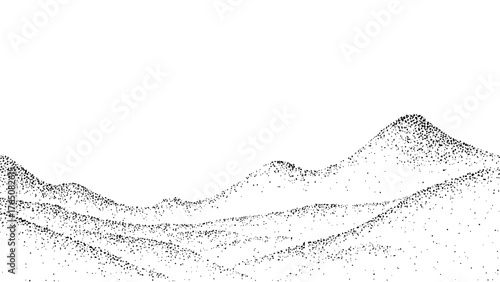 Mountain landscape made of dots and stippling effect. Abstract illustration with grain noise. Minimalist design element for web.