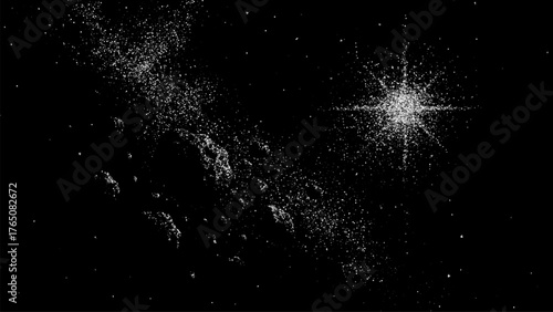 White grain stipple dot pattern on black background simulating a galaxy or star field with bright light burst. Chaotic noise texture for abstract design.