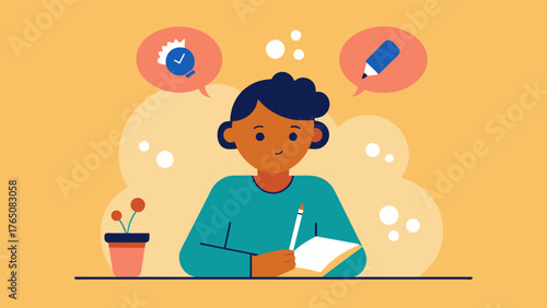 A student recording their thoughts and feelings during a study session using it as a study aid and reflection tool for better memory retention.. Vector illustration
