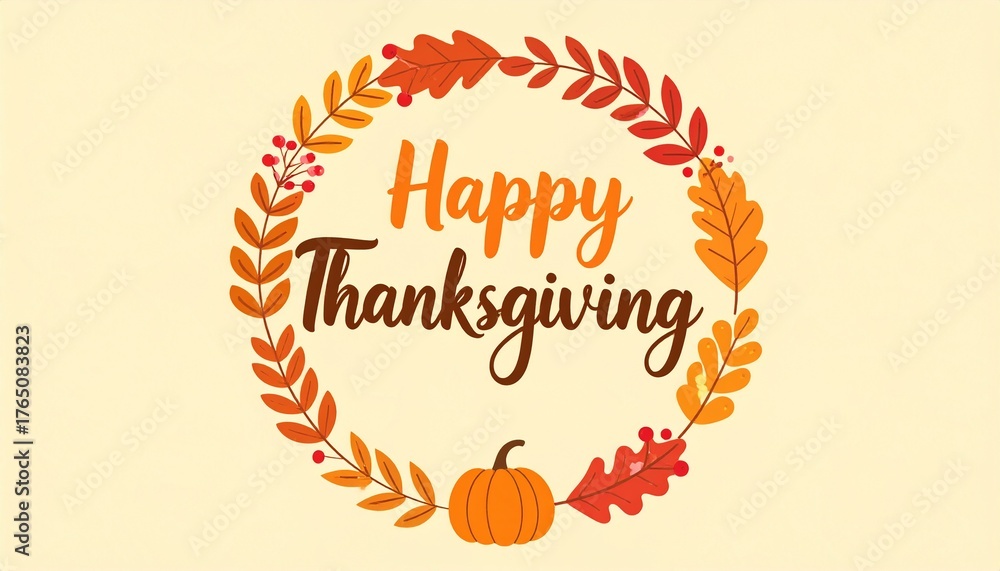 Fototapeta premium Hand-Drawn Happy Thanksgiving Wreath with Autumn Leaves and Pumpkin