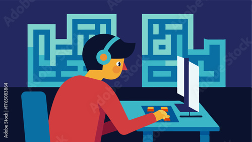 A person playing a computer game where they have to navigate through a virtual maze and remember the correct path. This game improves spatial memory retrieval a crucial skill for. Vector illustration