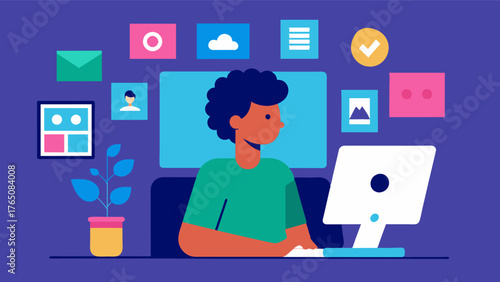 A person sitting at a computer using Photoshop to digitally compile their favorite pictures into a photo collage.. Vector illustration