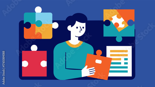 A person surrounded by a jigsaw puzzle of memories diligently piecing it together with a photo album as a guide.. Vector illustration