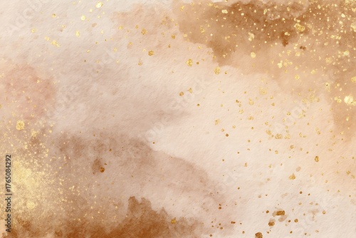 An elegant abstract watercolor background featuring warm brown and beige tones with shimmering gold glitter splatters, perfect for festive designs.