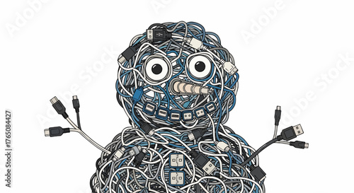 Christmas whimsical snowman figure constructed entirely from various computer cables and connectors art piece