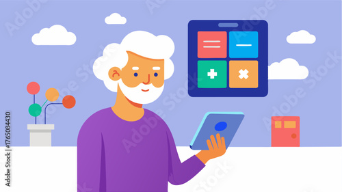 A senior citizen with dementia using a wallmounted tablet to display daily routines and reminders for tasks like taking a walk and doing puzzles to maintain brain health.. Vector illustration