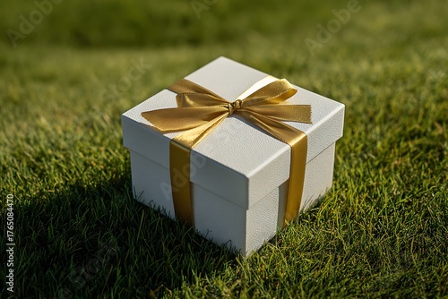 An elegant white gift box with a golden ribbon bow sits gracefully on lush green grass under natural light.