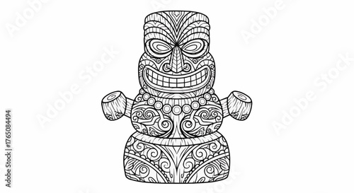 Christmas detailed line art of a traditional tiki statue with intricate patterns and a smiling face design element