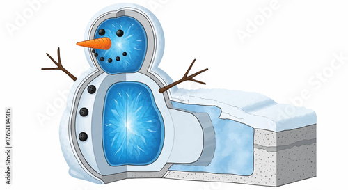 Christmas illustration of a cross section of a melting snowman revealing internal ice structure and ground layers