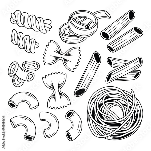 Hand-drawn pasta collection including penne farfalle and fusilli vector illustration for menu design and culinary projects