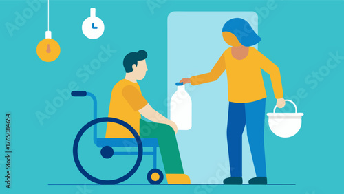 A caregiver helping a person with a spinal cord injury to shower promoting independence and maintaining good personal hygiene.. Vector illustration
