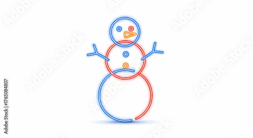 Christmas neon snowman with blue and red outlines on a white background for winter holiday season decor
