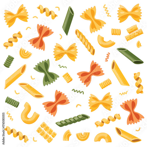 Assorted pasta types background colorful vector illustration of farfalle penne fusilli and other pasta shapes perfect for food packaging or restaurant menus