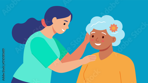 A caregiver practicing therapeutic touch techniques on an older adult with Alzheimers learning how physical touch can stimulate memory and reduce agitation.. Vector illustration