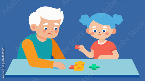 A grandparent sitting at a table with their grandchild trying to help with a puzzle but getting easily confused and frustrated.. Vector illustration