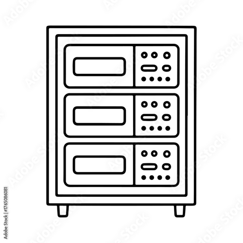 Vector outline of a three-tiered rack with electronic equipment, possibly servers or audio devices, on a white background