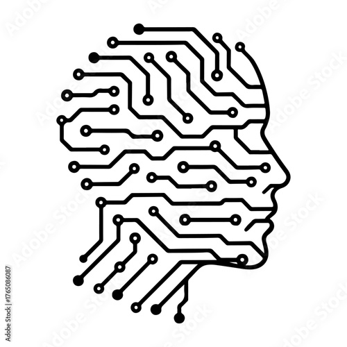 Artificial Intelligence head silhouette composed of circuit board lines and nodes, symbolizing technology and innovation