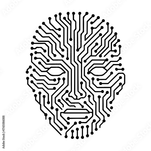 Artificial intelligence face icon created from intricate circuit board pathways