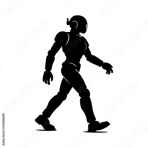 Silhouette of a futuristic robot walking, with a helmet, illustrating technology and science concepts