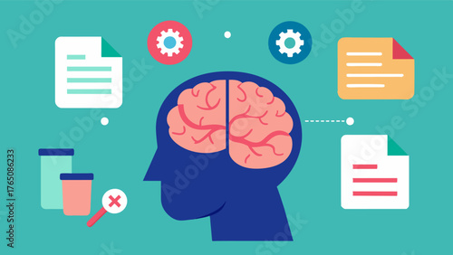 A series of brain MRI scans with accompanying medical records tracking a patients recovery from a brain injury noting improvements in cognitive abilities such as memory and. Vector illustration