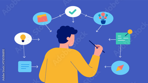 A person sketching out a mind map of their life highlighting key memories and experiences as they participate in a memory recall session.. Vector illustration