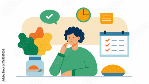 A person meal planning and prepping for the week with a reminder to include brainboosting foods like fatty fish nuts and dark leafy greens in their meals.. Vector illustration