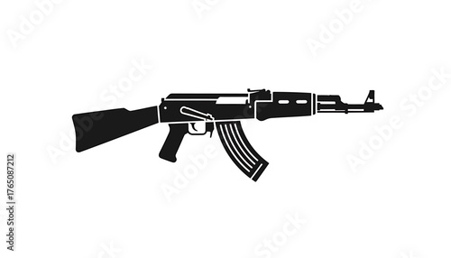 Stylized vector illustration of a powerful automatic firearm, depicting a modern assault rifle commonly associated with military operations, security forces, and tactical themes