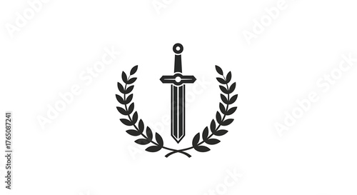 Minimalist black and white icon of a sword within a laurel wreath, symbolizing victory, honor, and strength. A classic emblem of power and glory