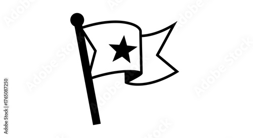 Black and White Star Flag Waving on Pole, Isolated Symbol of Guidance and Navigation