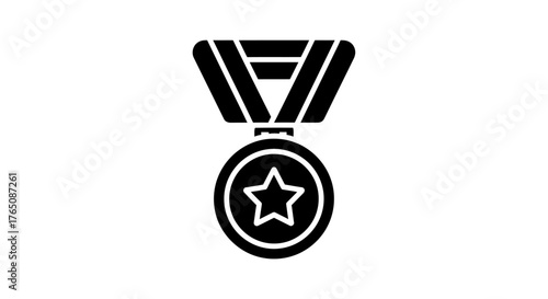 A simple black and white illustration of a medal with a star, symbolizing achievement, victory, and recognition