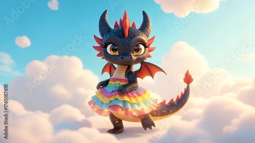 Sparkles fly as adorable black dragon with rainbow dress dances, red wings, and horns stands on fluffy clouds under a starry sky