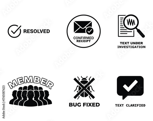 Set of business communication and support icons, collection of status symbols like resolved and bug fixed, for web and project management, isolated vector.